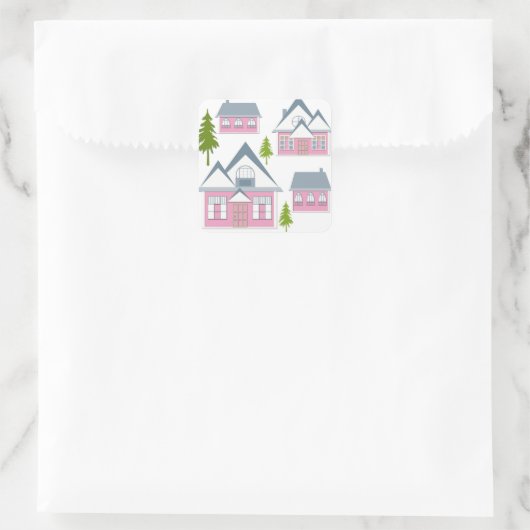 子供の子供っぽい漫画の村の家の木ピンクwh スクエアシール (バッグ)