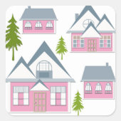 子供の子供っぽい漫画の村の家の木ピンクwh スクエアシール (正面)