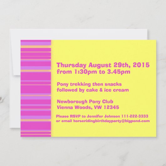 子供の子馬の第5誕生日のピンクの黄色い誕生日の招待 招待状 (裏面)