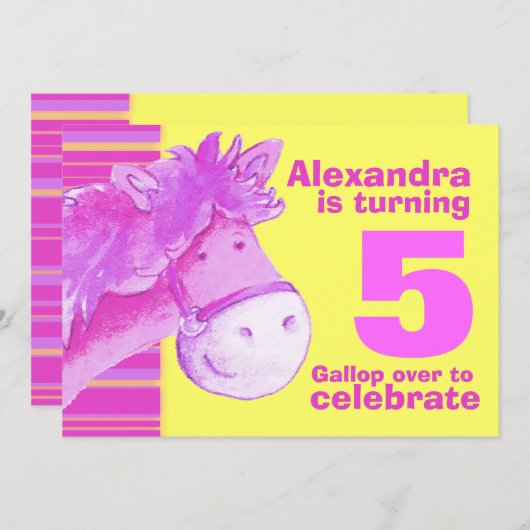 子供の子馬の第5誕生日のピンクの黄色い誕生日の招待 招待状 (正面/裏面)