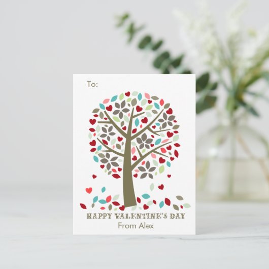 子供の学校の教室のバレンタインはモダンな木を梳きます シーズンポストカード (スタンド正面)