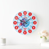 子供の学男の子時間青の赤い宇宙時計 ラージ壁時計 (ホーム)