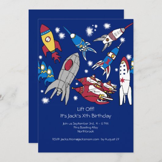 子供の宇宙インスパイア誕生日パーティーの招待 招待状 (正面/裏面)