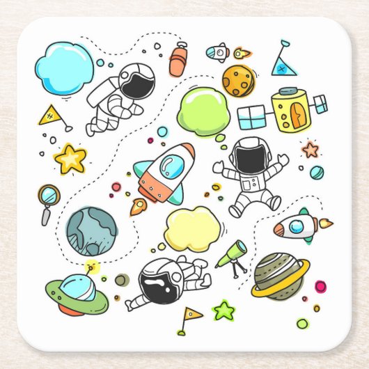 子供の宇宙漫画の背景スケッチ スクエアペーパーコースター (正面)