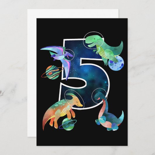 子供の宇宙飛行士 恐竜 5歳の誕生日 セーブザデート (正面/裏面)