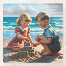 子供の建物サンドキャッスルオンビーチ ガラスコースター