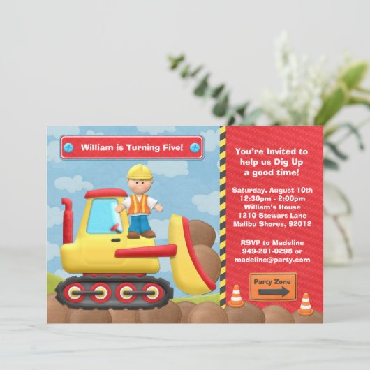 子供の建築のトラックの誕生日のパーティの招待状 招待状 (スタンド正面)