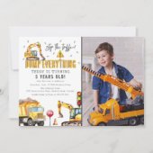 子供の建設工事の水彩写真 誕生日パーティー 招待状 (正面)