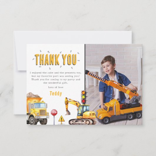 子供の建設現場の写真の誕生日パーティー サンキューカード (正面)