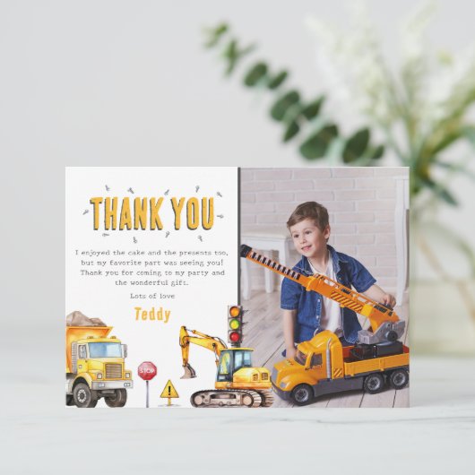 子供の建設現場の写真の誕生日パーティー サンキューカード (スタンド正面)