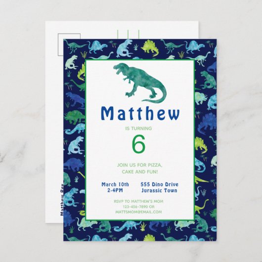 子供の恐竜の誕生会のTレックスの招待状 インビテーションポストカード (正面/裏面)
