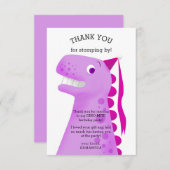 子供の恐竜誕生日パーティー ピンク サンキューカード (正面/裏面)