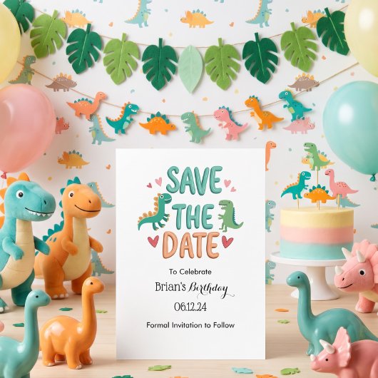 子供の恐竜誕生日パーティー Save The Date 招待状