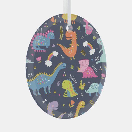子供の恐竜:カラフルヴィンテージパターン ガラスオーナメント (正面右)
