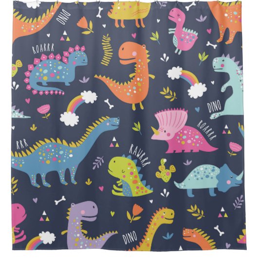 子供の恐竜:カラフルヴィンテージパターン シャワーカーテン (正面)