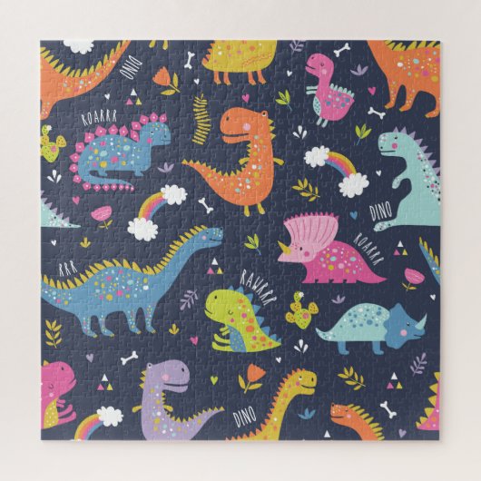 子供の恐竜:カラフルヴィンテージパターン ジグソーパズル (縦)