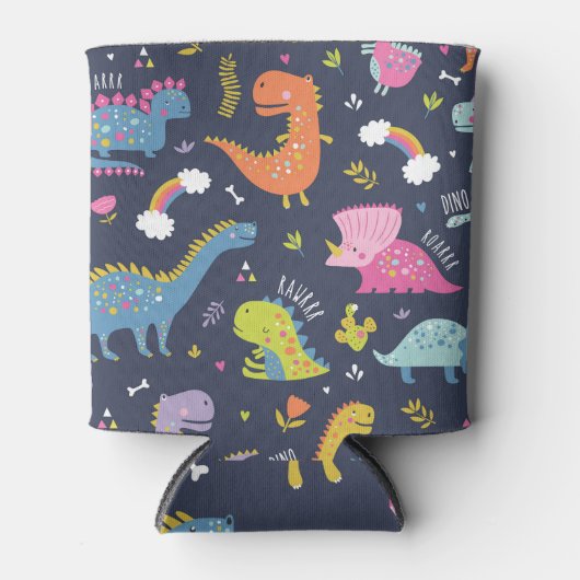 子供の恐竜：カラフルヴィンテージパターン 缶クーラー (正面)