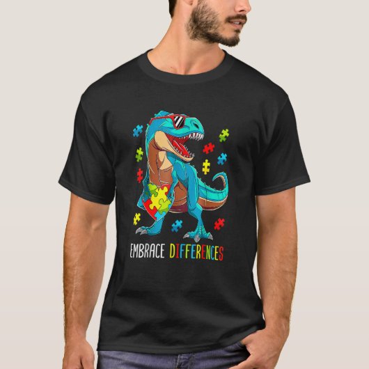 子供の恐竜T Rex 差異を受け入れる 自閉症啓発 Tシャツ (正面)