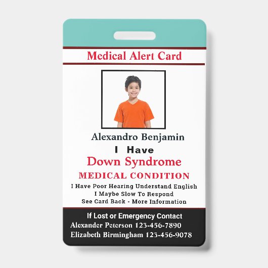 子供の成人医療アラートID識別カード バッジ (正面)