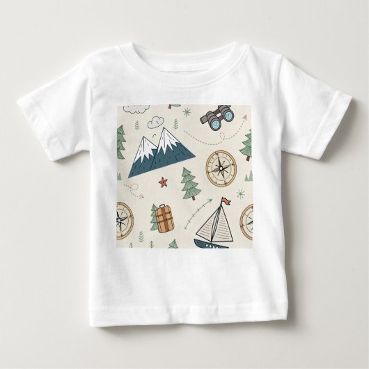 子供の旅行地図アイコンパターン ベビーTシャツ (正面)