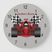 子供の時計のレースカーのチェック模様の旗 ラージ壁時計 (正面)