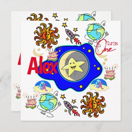 子供の最初のベビー誕生日の招待Spaceship 招待状 (正面/裏面)