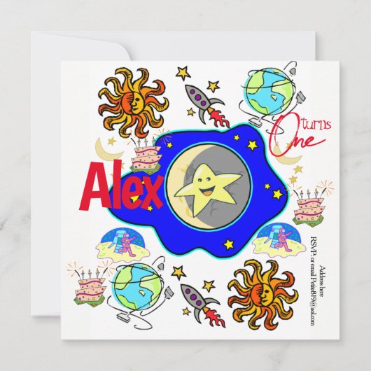 子供の最初のベビー誕生日の招待Spaceship 招待状 (裏面)