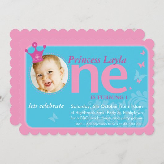 子供の最初の誕生日パーティフォト番号1 招待状 (正面/裏面)