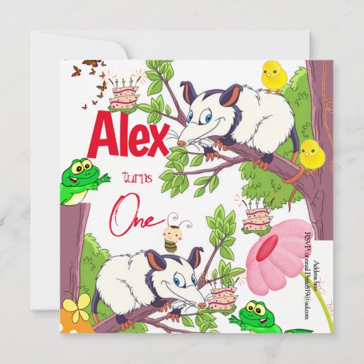 子供の最初の誕生日招待状ポッサムカエル 招待状 (裏面)