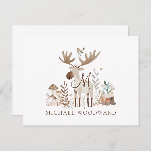 子供の森の動物 モノグラム フラット ノートカード (正面/裏面)