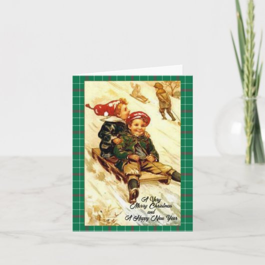 子供の楽しいスレッジング ヴィンテージルック メリークリスマス ノートカード (正面)