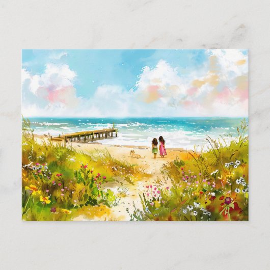 子供の水場とビーチの近くの野生の草地 シーズンポストカード (正面)