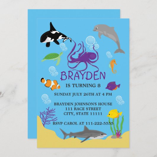 子供の海のテーマの誕生日の招待状 招待状 (正面/裏面)