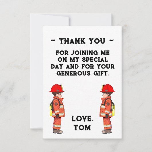 子供の消防士をテーマにした誕生日パーティー サンキューカード (裏面)