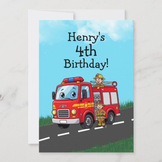 子供の消防車の誕生日パーティー 招待状 (正面)