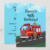 子供の消防車の誕生日パーティー 招待状 (正面/裏面)