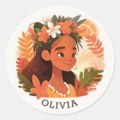 子供の漫画ハワイの女の子。フローラレイ ラウンドシール (正面)