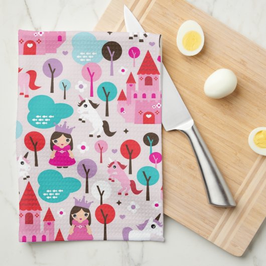 子供の王女の城およびユニコーン キッチンタオル (四つ折り)