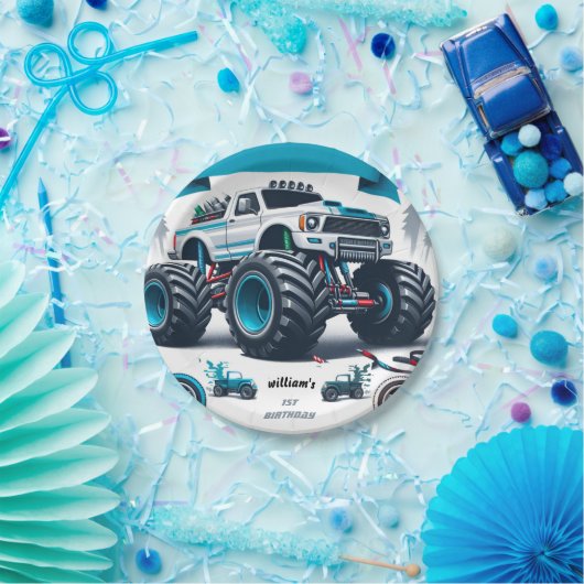 子供の男の子の車クールモンスタートラック1誕生日 ペーパープレート (パーティー)