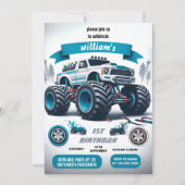 子供の男の子の車クールモンスタートラック1誕生日 招待状 (正面)