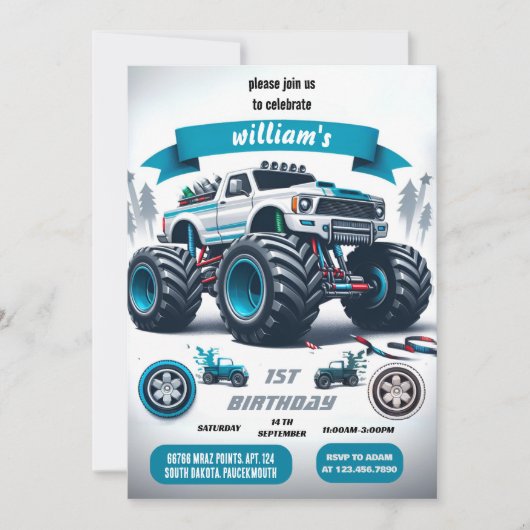 子供の男の子の車クールモンスタートラック1誕生日 招待状 (正面)