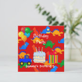子供の男の子3歳の誕生日パーティー恐竜赤 招待状 (スタンド正面)