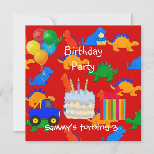 子供の男の子3歳の誕生日パーティー恐竜赤 招待状 (正面)