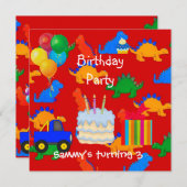 子供の男の子3rd誕生日パーティー恐竜レッド 招待状 (正面/裏面)