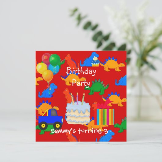 子供の男の子3rd誕生日パーティー恐竜レッド 招待状 (スタンド正面)