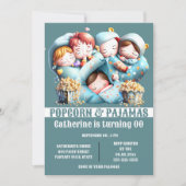 子供の眠るバッグポップコーンパジャマのスリープパーティー 招待状 (正面)