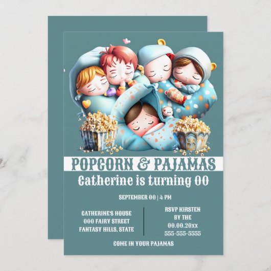 子供の眠るバッグポップコーンパジャマのスリープパーティー 招待状 (正面/裏面)