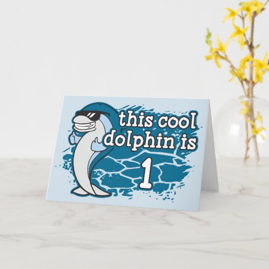 子供の第1誕生日はこのクールなイルカ1頭です カード (黄色い花)
