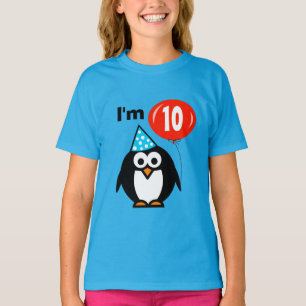 子供の第10誕生日のワイシャツ のペンギンおよび赤い気球 Tシャツ