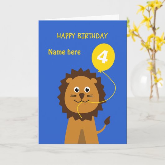 子供の第4誕生日のライオンは一流の青を加えます カード (黄色い花)